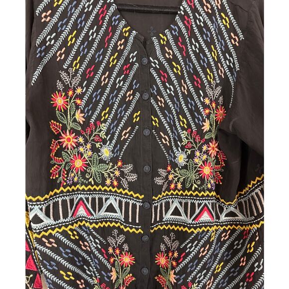 Johnny Was Women’s M Black Ezra Embroidered Floral Button-Up Cinch Waist Blouse - Picture 8 of 9